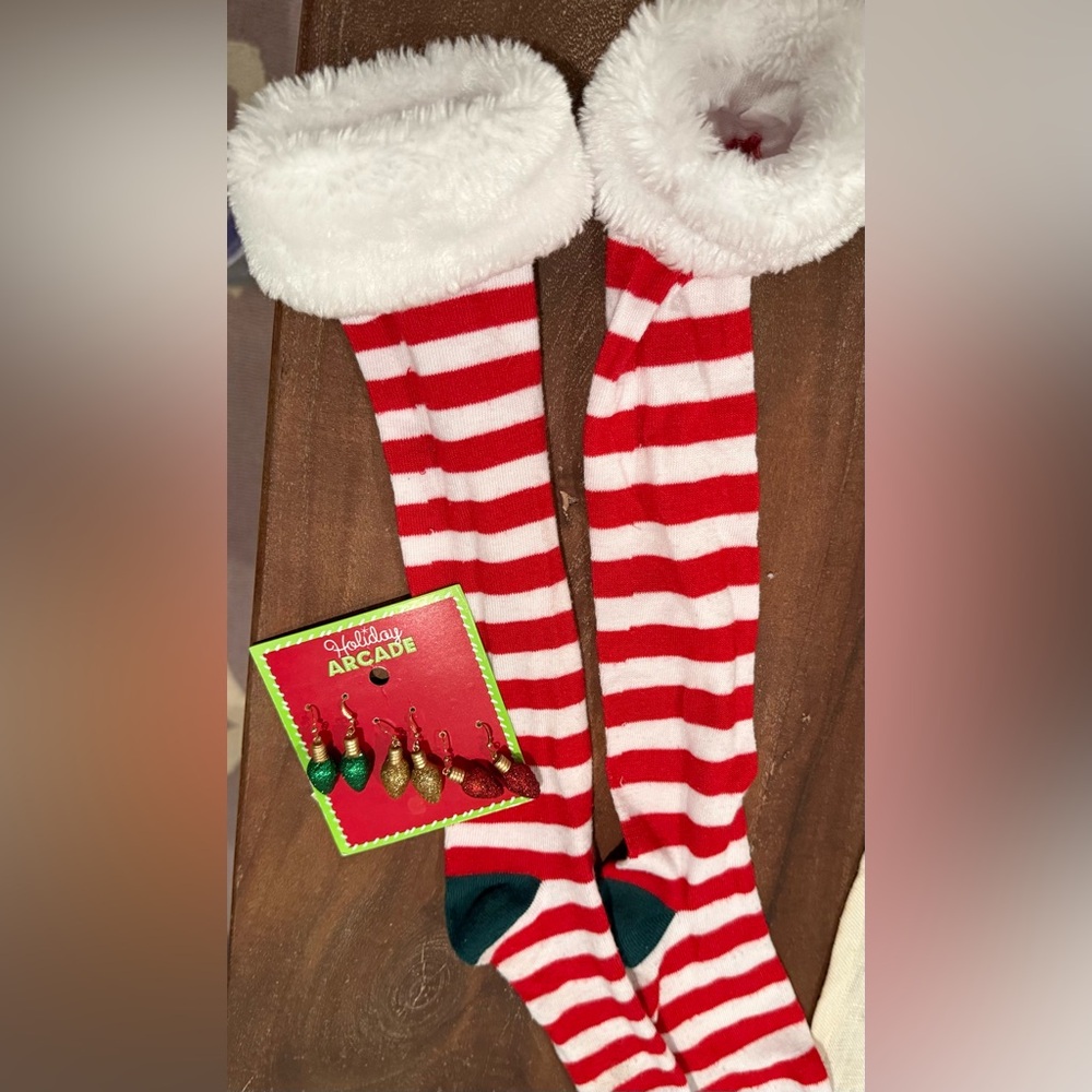 Striped Red and White Christmas Socks and Holiday Light Earrings NWOT